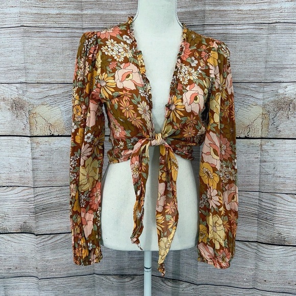 Billabong X The Salty Blonde Brown Floral Ruffled Tie-Front Blouse Size M - Picture 1 of 12